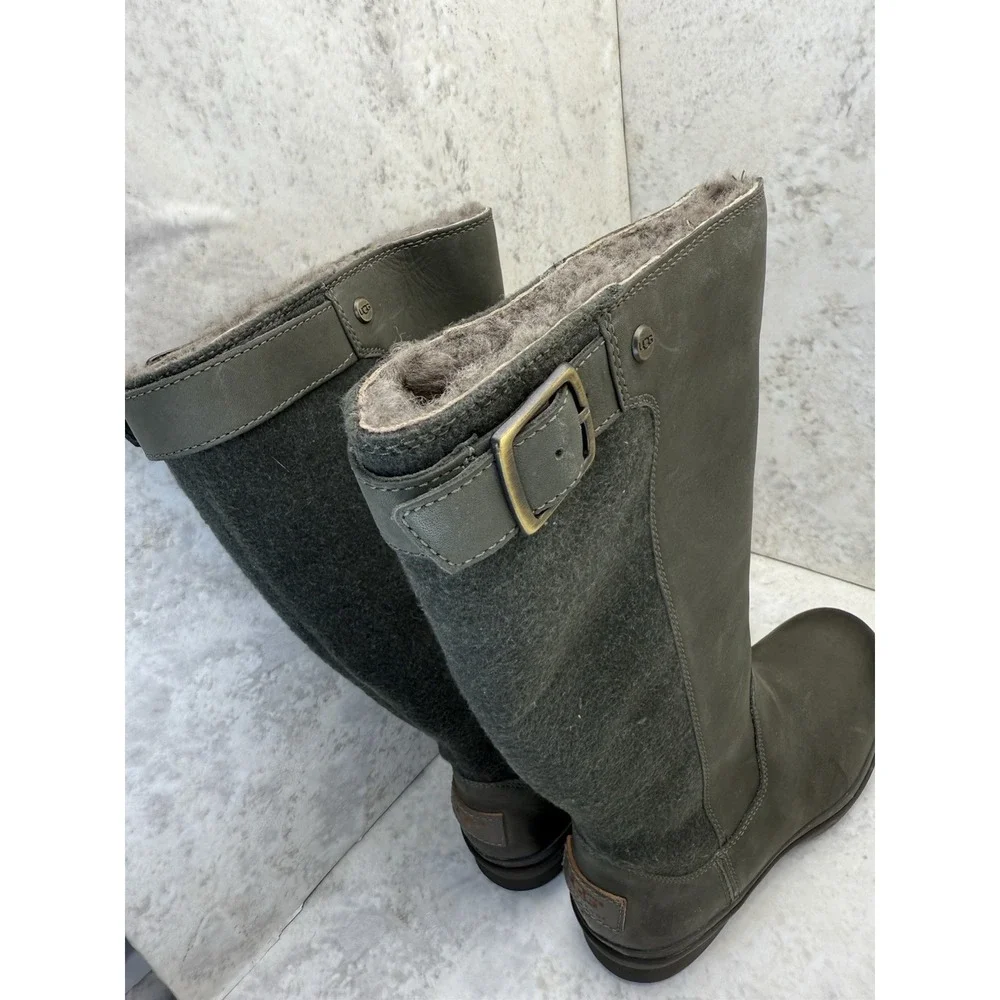 New UGG Simmens Women's Size 6 Forest Green Tall Waterproof Leather Wool Boots